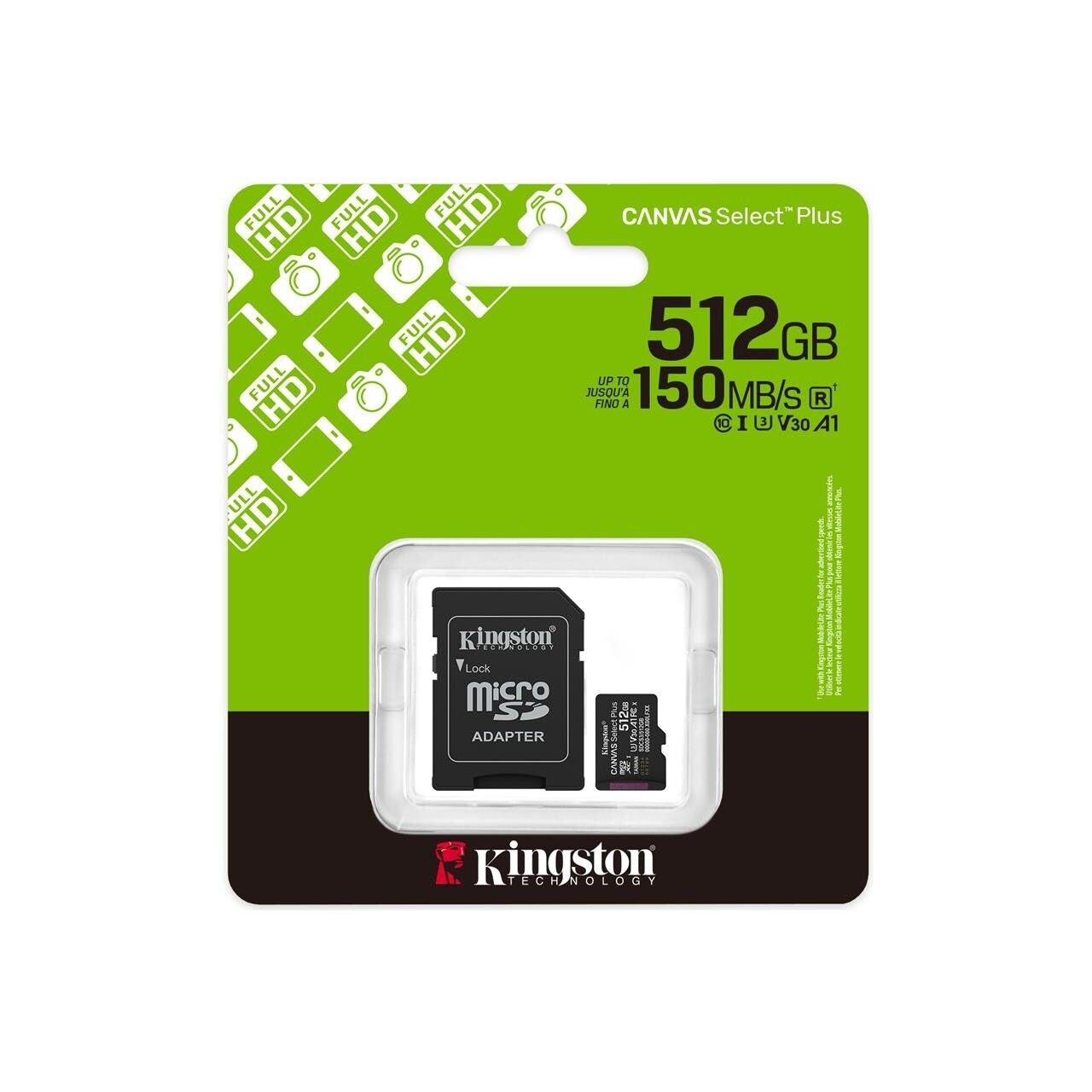 KINGSTON CANVAS SELECT PLUS 512GB MICRO SDHC CLASS10 150MB/s HAFIZA KARTI SDCS3/512GB