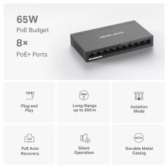 TP-LINK MERCUSYS MS110P 10 PORT 10/100 8 PORT POE+ YONETILEMEZ DESKTOP SWITCH METAL KASA
